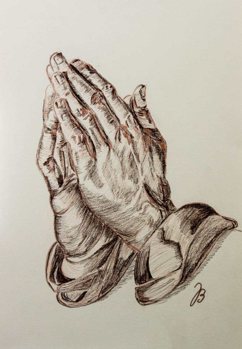 Betende Hände, Rötel auf Papier, 42x30cm * Praying Hands, Red Chalk on Paper, 16.5x12in (Dürer) © 2014 by Jutta Blühberger