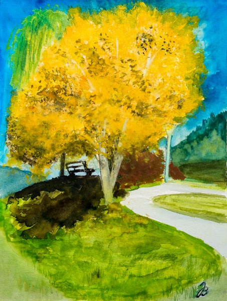 Herbstbaum in Schladming, Aquarell Mischtechnik auf Papier, 40x30cm * Fall Tree, Watercolor on Paper, 16x12in © 2014 by Jutta Blühberger www.juttabluehberger.at