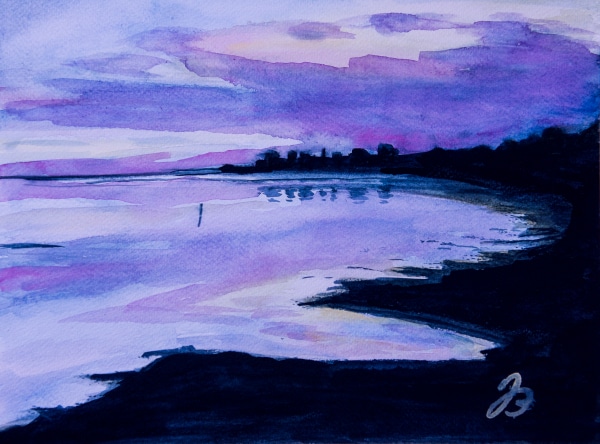 Sonnenuntergang in Grado, Aquarell auf Papier, 24x32cm * Sunset in Grado, Watercolor on Paper, 9.5x12.5in © 2014 by Jutta Blühberger www.juttabluehberger.at